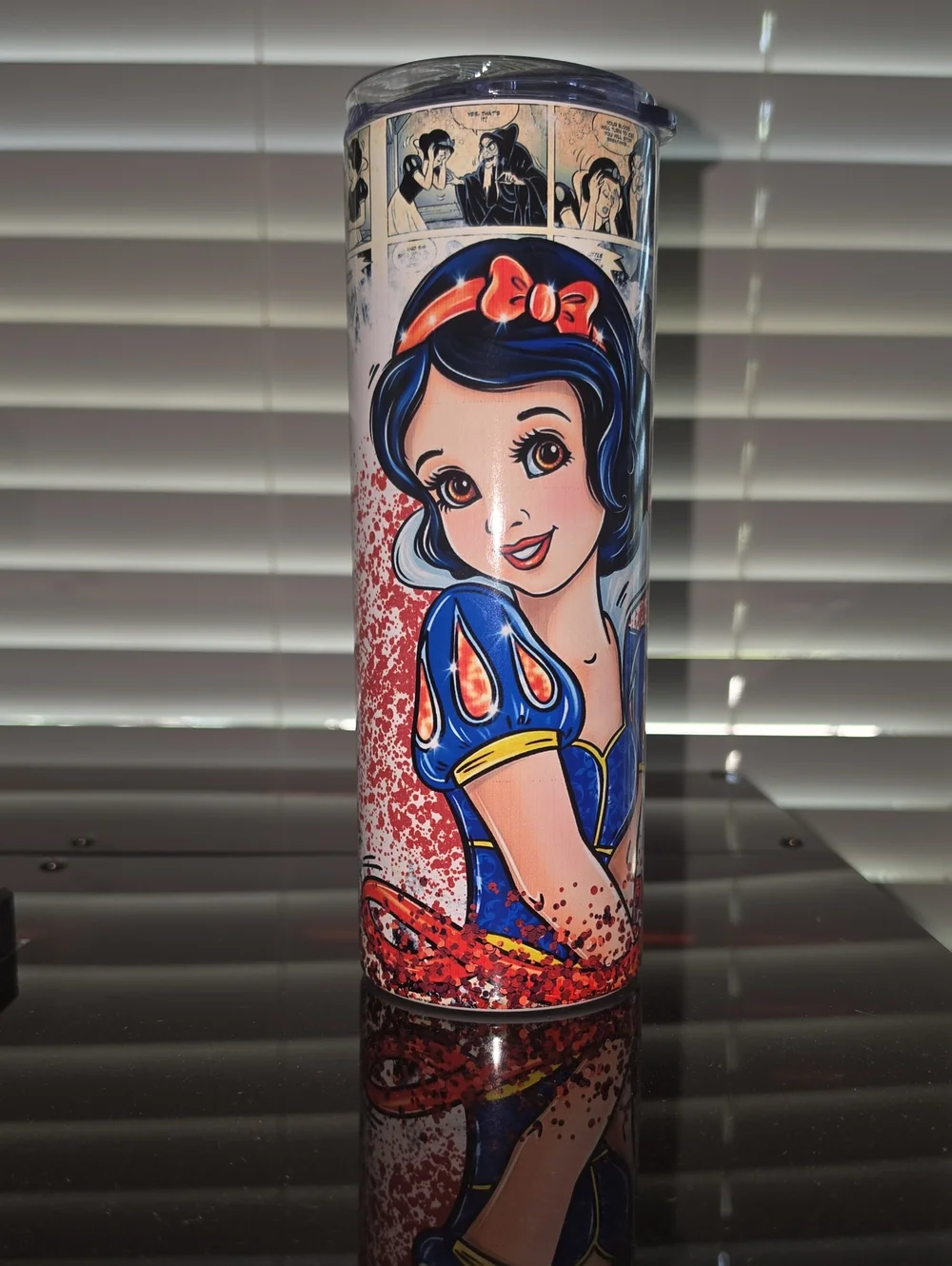 Snow White Character Tumbler with Red Glitter Stainless Steel W/ Lid